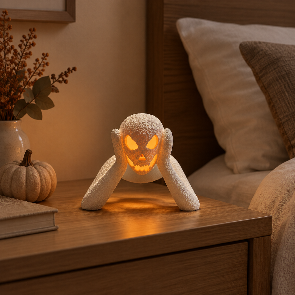 Warmly glowing NOBODY LANTERN displayed on a bedroom bedside table