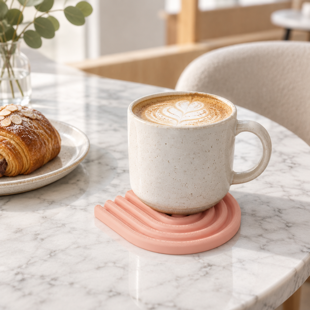 Pastel coral looped coaster with a cappuccino and pastry on a marble cafe table