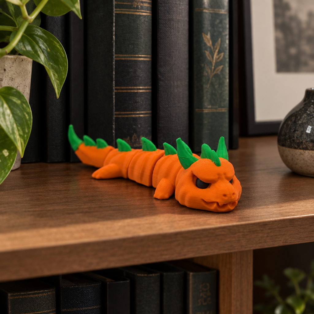 Pumpkin dragon on a bookshelf