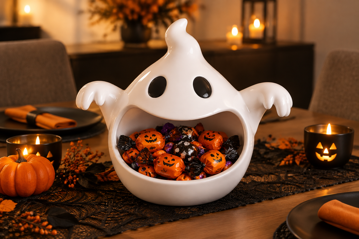 White wide-mouth ghost bowl with reaching hands displayed at a Halloween dining table