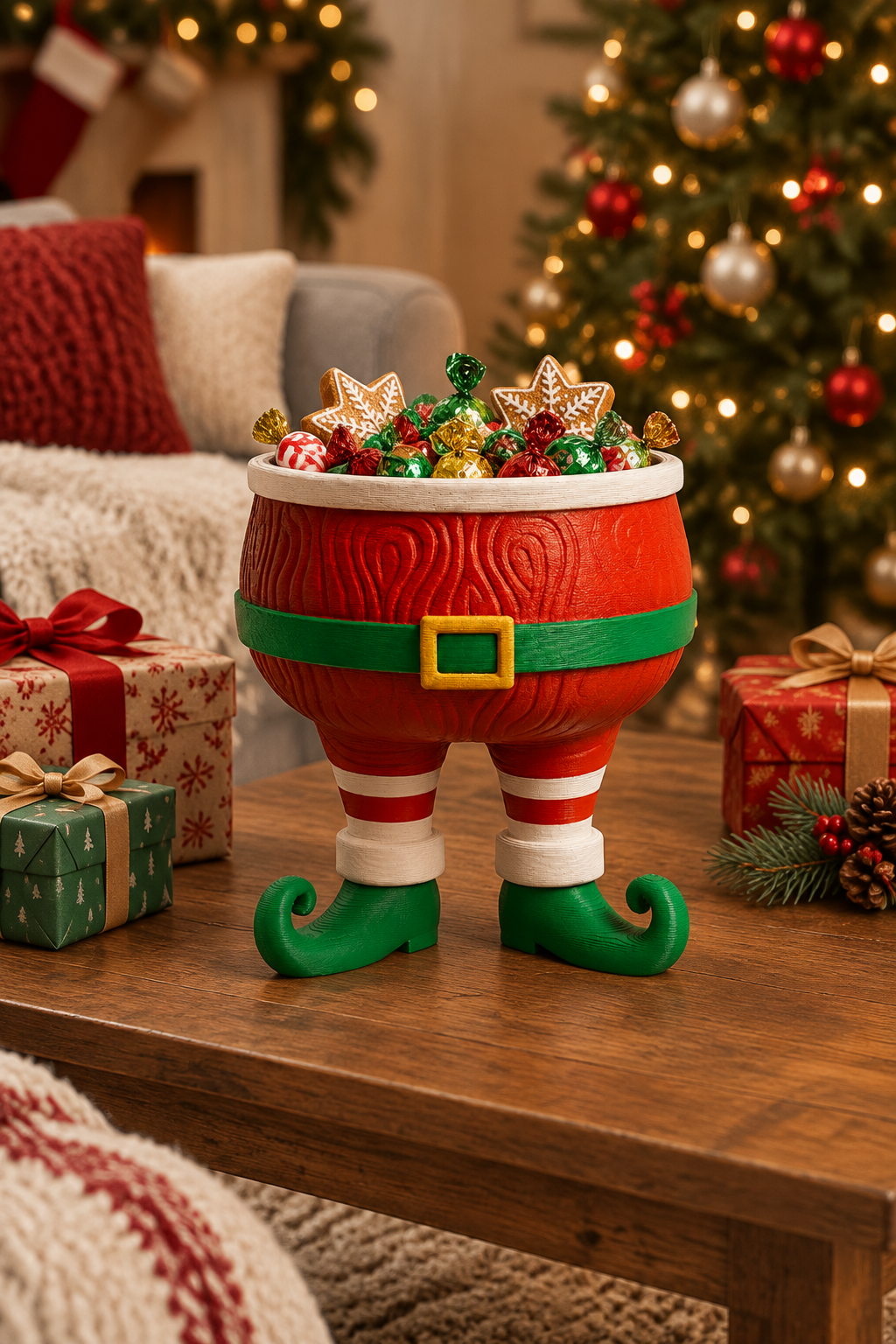 Santa legs sweet bowl with wrapped sweets beside Christmas gifts in a living room
