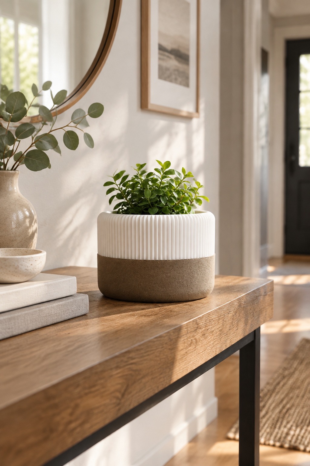 White ribbed planter with fixed brown textured drip tray on a warm hallway console