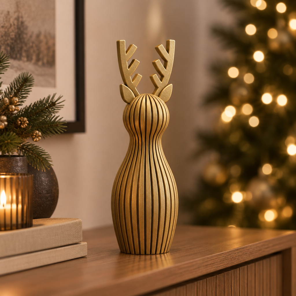 A single gold ribbed reindeer ornament on a console near softly glowing Christmas tree lights