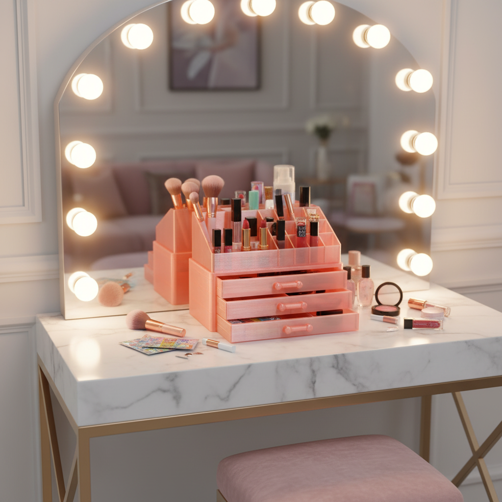 Make-up Organizer on a marble dressing table with Hollywood mirror filled with brushes lipsticks and beauty products