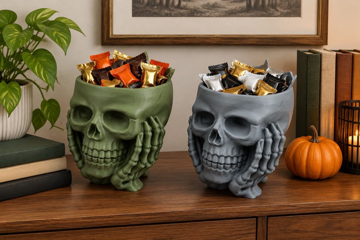 Green and gray skull sweet bowls held by sculpted hands on a seasonal sideboard