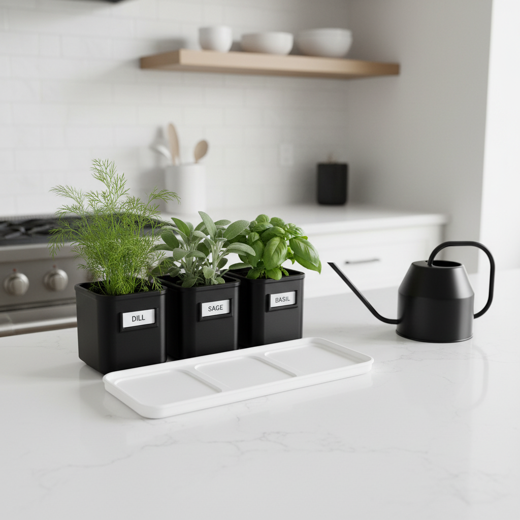 Matte black herb pot set with fresh herbs on a modern white kitchen counter