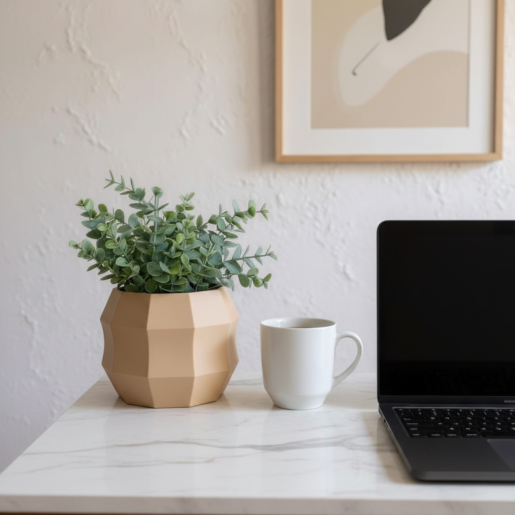 Decagonal flowerpot in warm beige with succulent on a marble side table in a bright living room