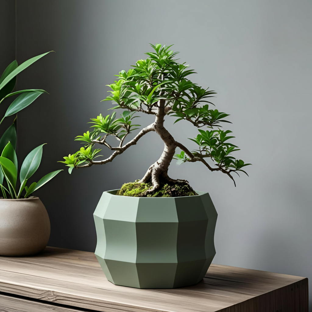 Decagonal flowerpot in sage green with bonsai tree on a wooden shelf in a Scandinavian interior