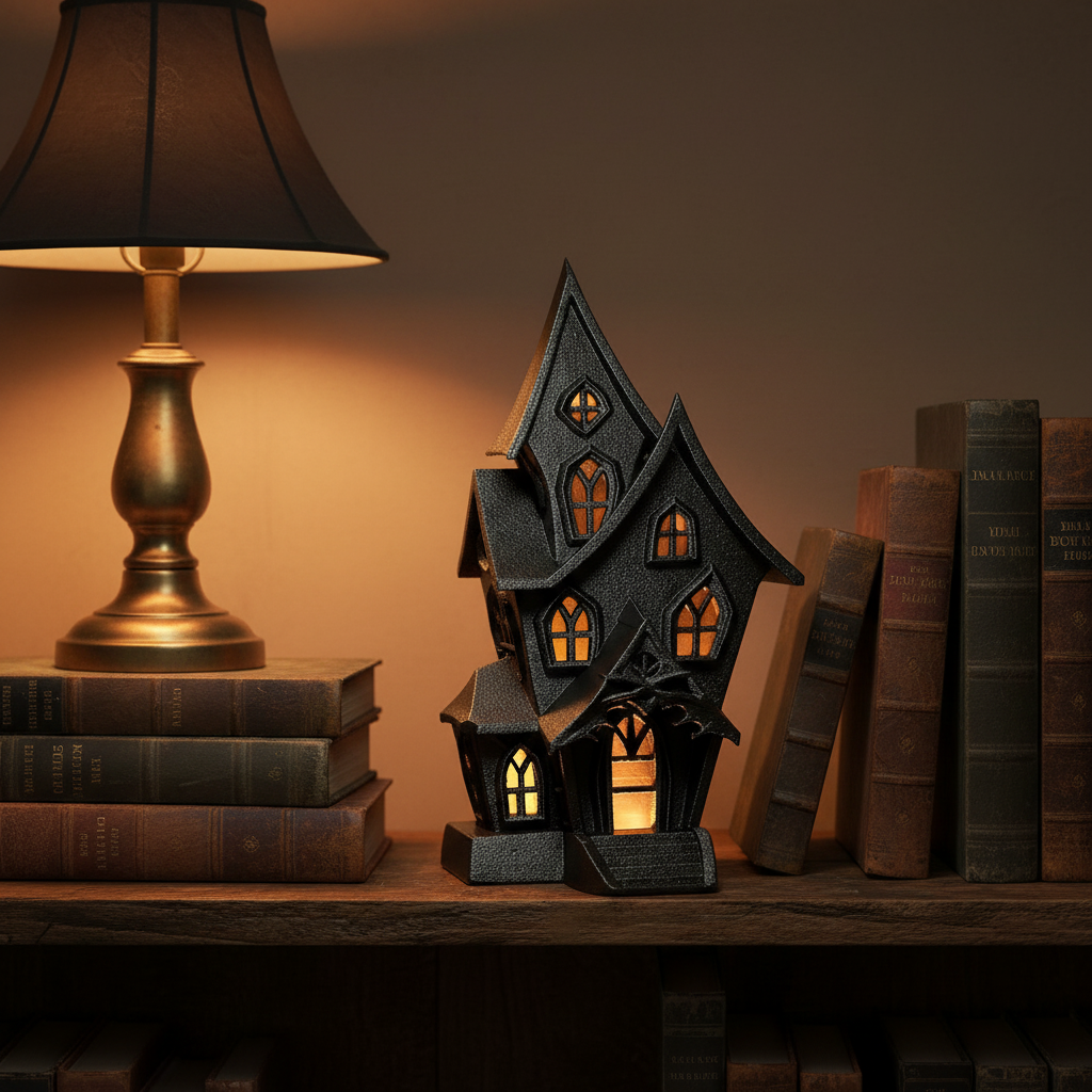 Haunted house tealight holder on a dark wood bookshelf