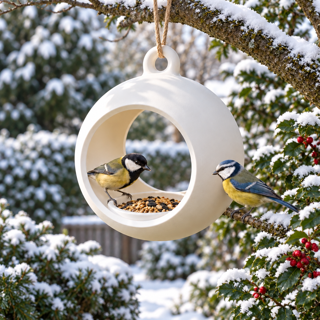 Round hanging feeder in an evergreen winter garden