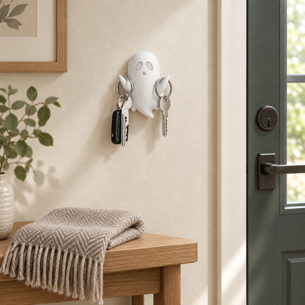 Ghost key holder with keys mounted on a cream wall near the front door