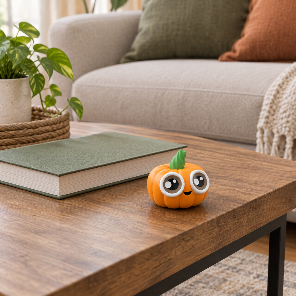 Small pumpkin figure beside a book on a coffee table