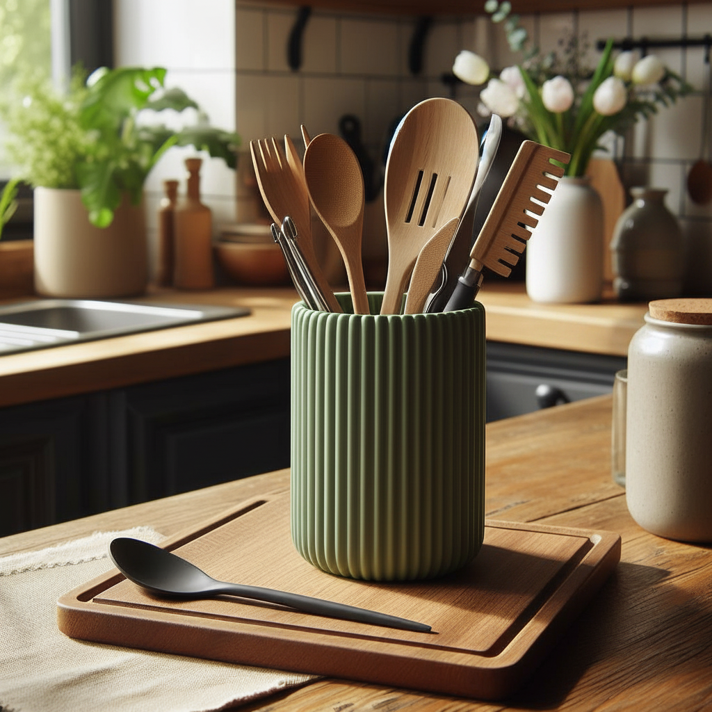 Ribbed Cylinder Utensil Holder - green colourway filled with wooden spoons on wooden counter, white vase with flowers in background