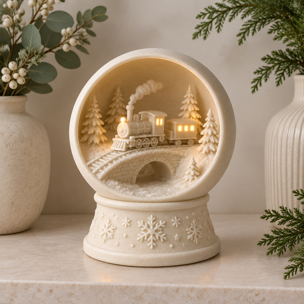 Snow globe tealight holder on a neutral shelf with winter greenery