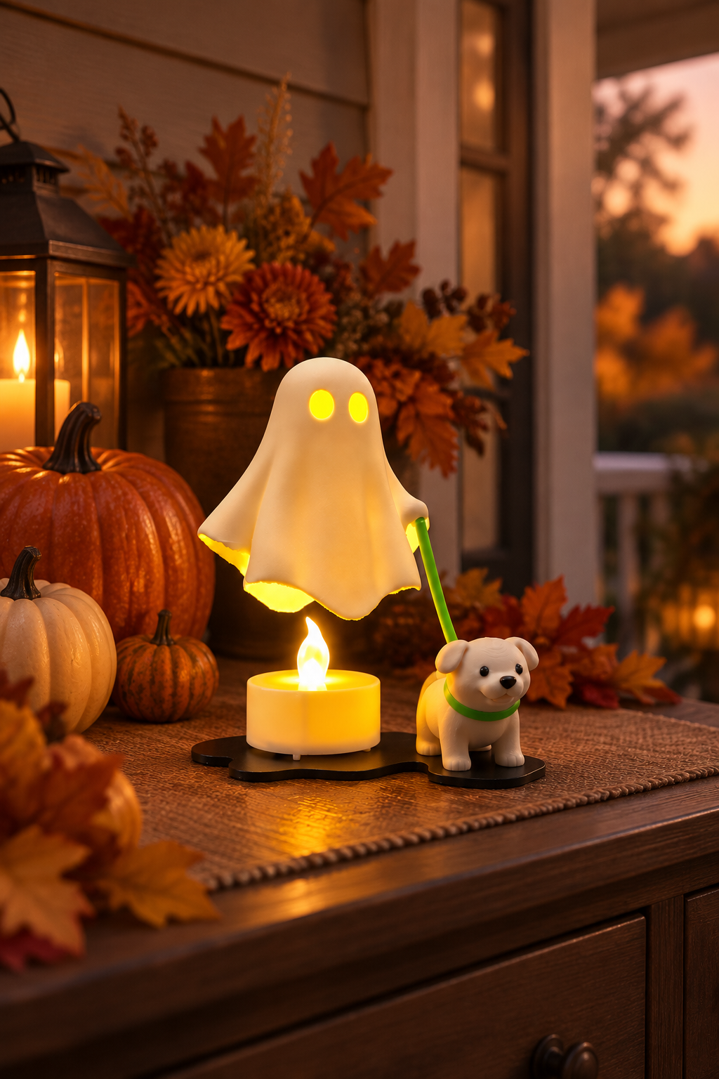 Ghost walking a puppy with matching green collar and lead on a sheltered porch display with pumpkins at dusk