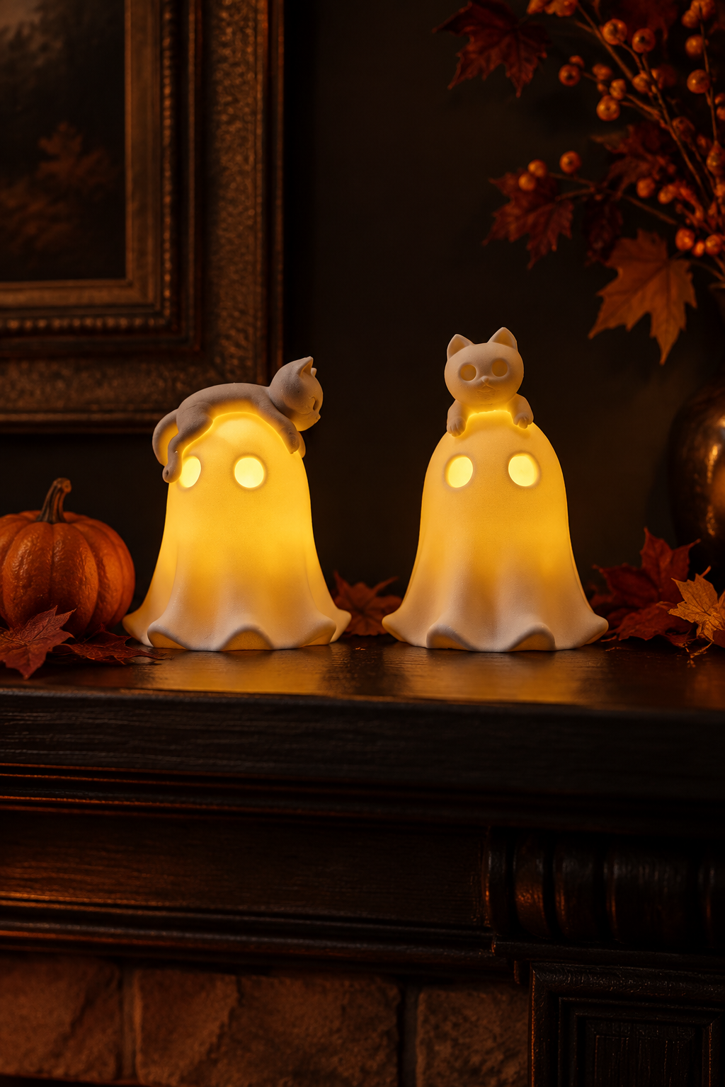 Both ghost and cat tealight holders glowing together on a dark Halloween mantel with a pumpkin and autumn leaves
