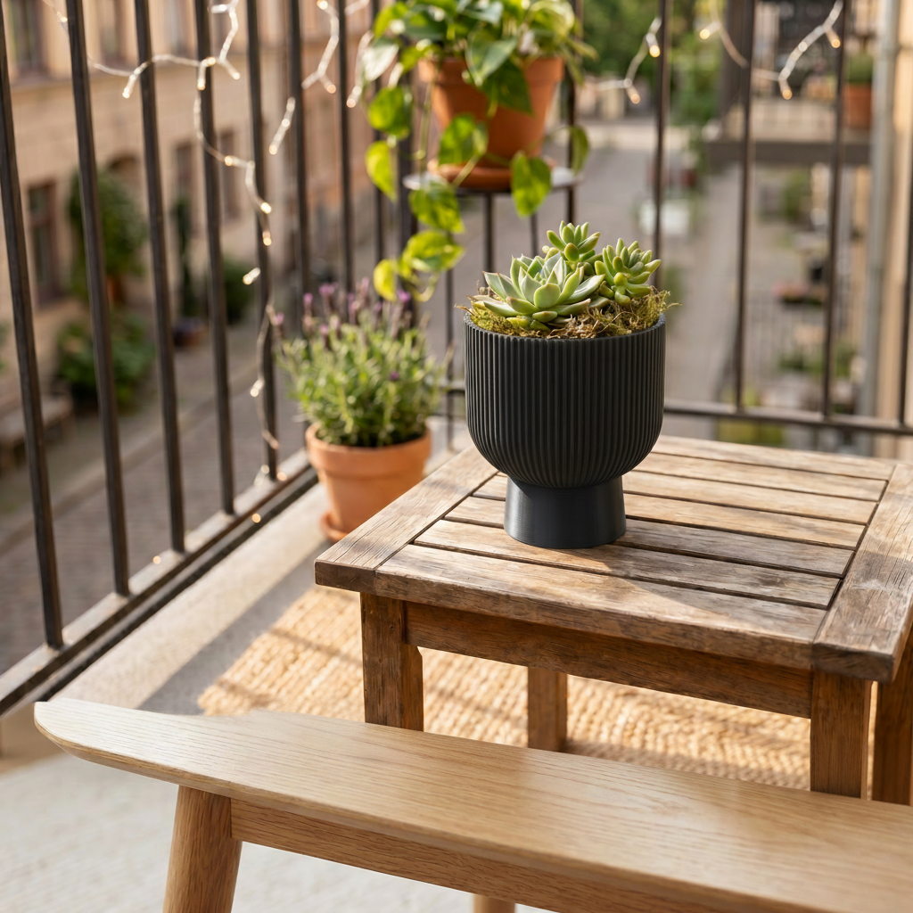 Ribbed Pedestal Planter in black — city balcony lifestyle