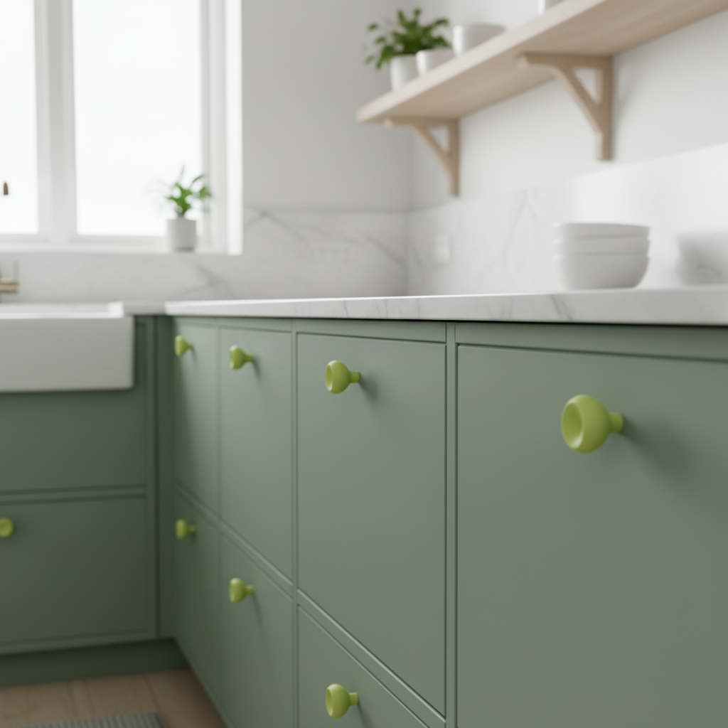 Modern Minimalist Cabinet Knob Handle on sage green kitchen cabinets