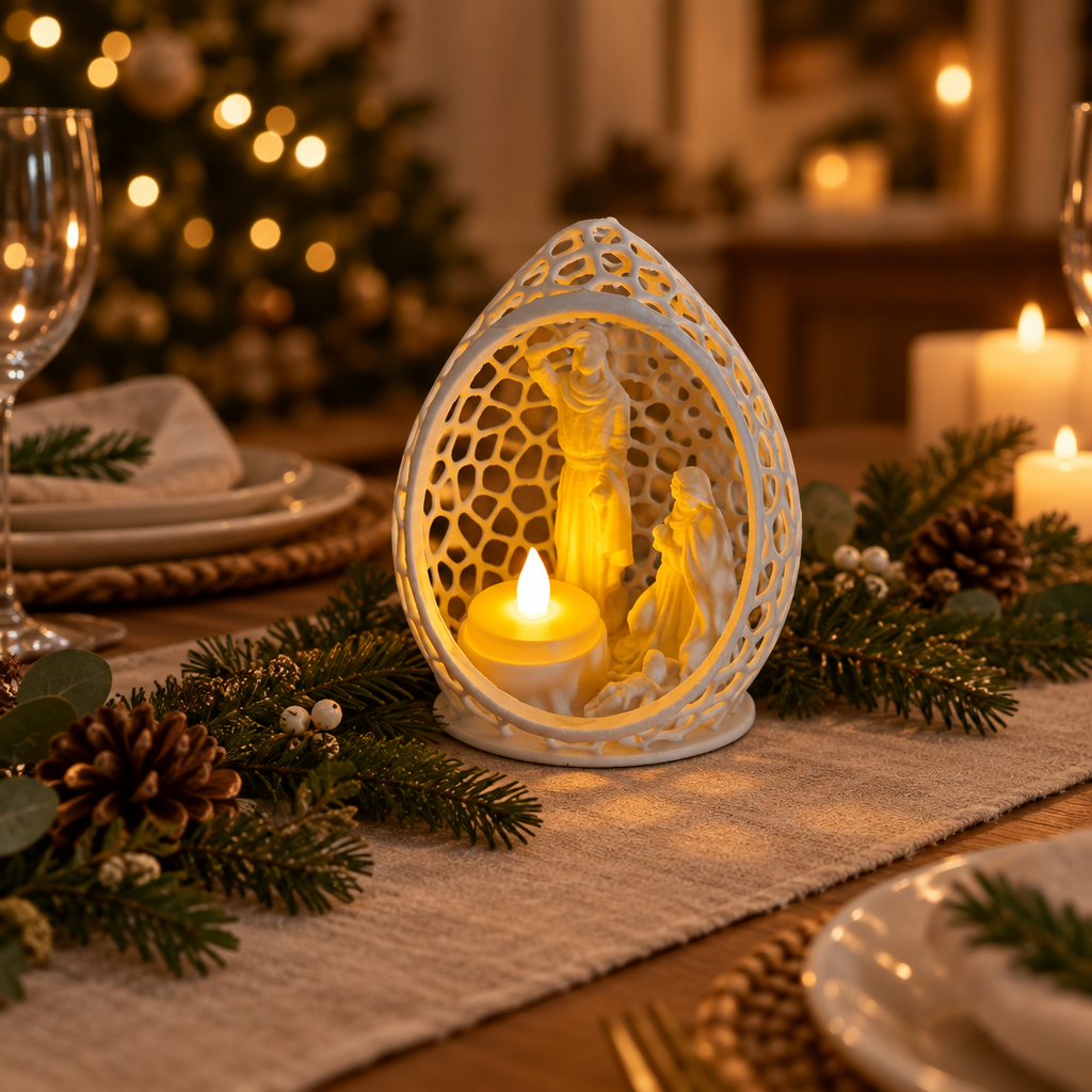 Oval Nativity tealight scene as a Christmas dining-table centrepiece