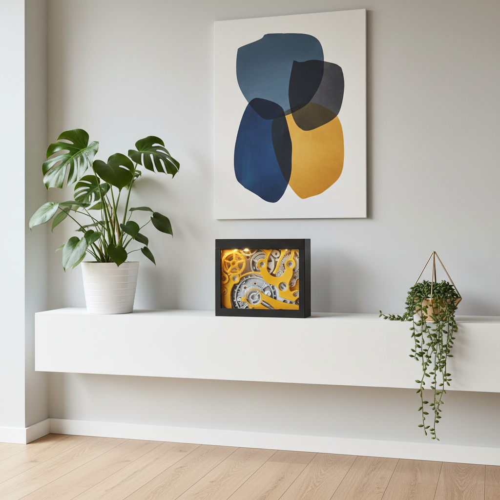 Clockwork Shadow Box displayed on a white minimalist shelf in a bright modern living room with plants