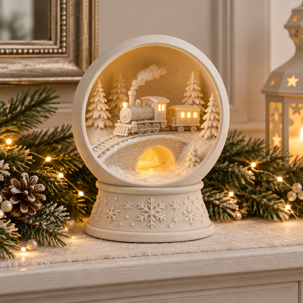 Snow globe tealight holder styled on a winter mantel