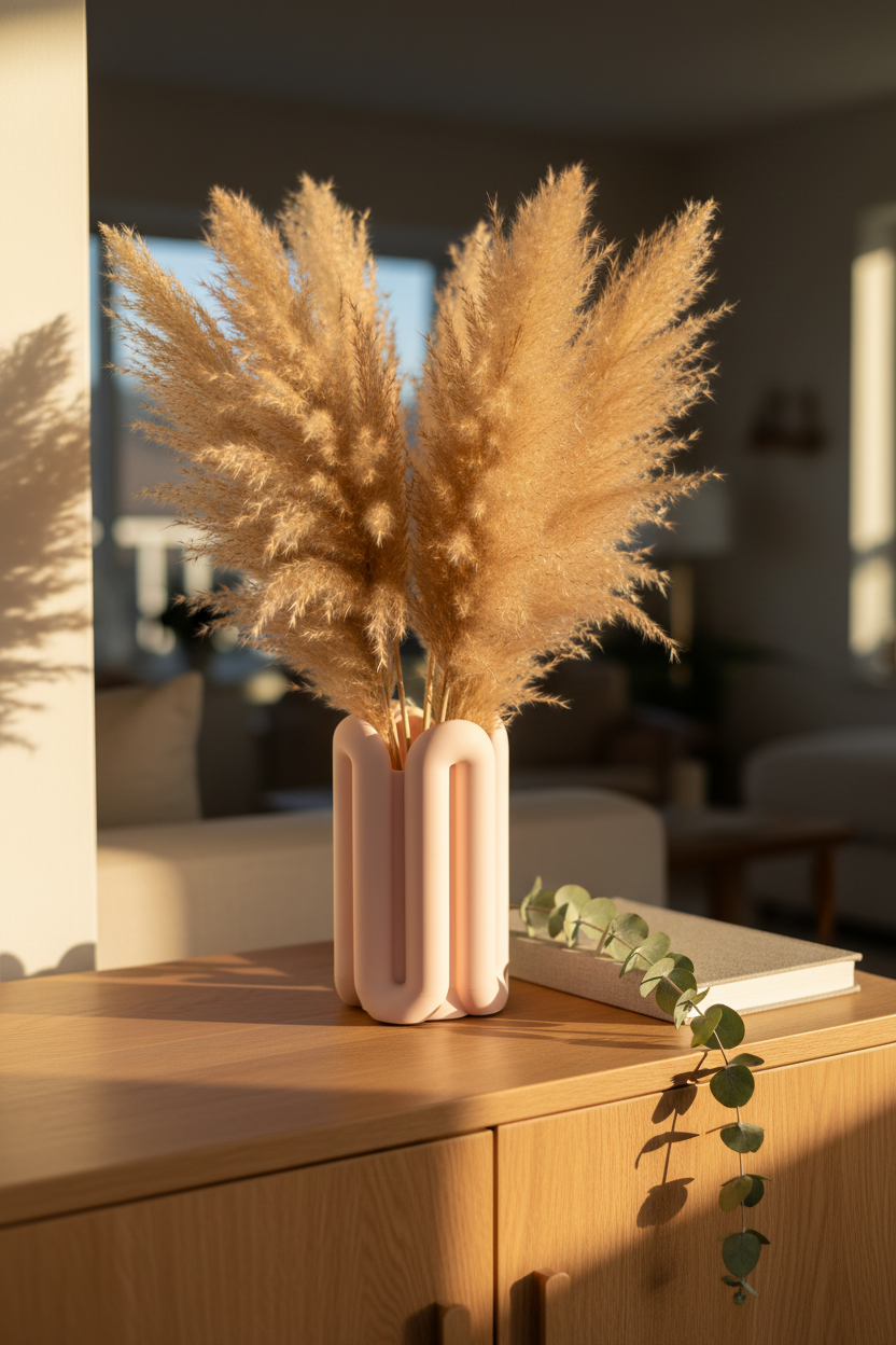 Blush pink Wibble vase with dried pampas grass on oak sideboard Scandinavian lifestyle