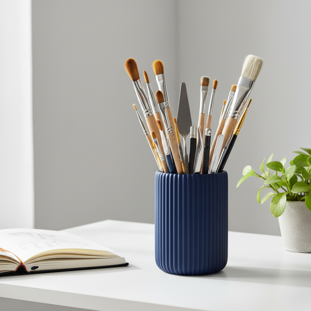 Ribbed Cylinder Utensil Holder - blue colourway holding paintbrushes on white studio desk with sketchbook