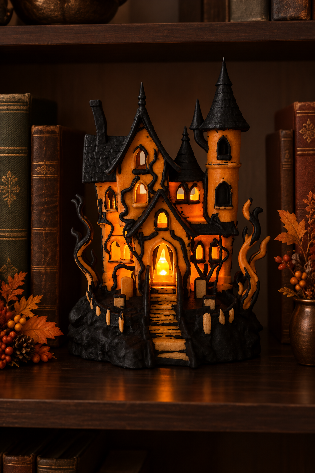 Haunted house tealight holder with glowing arched windows displayed among old books and autumn accents