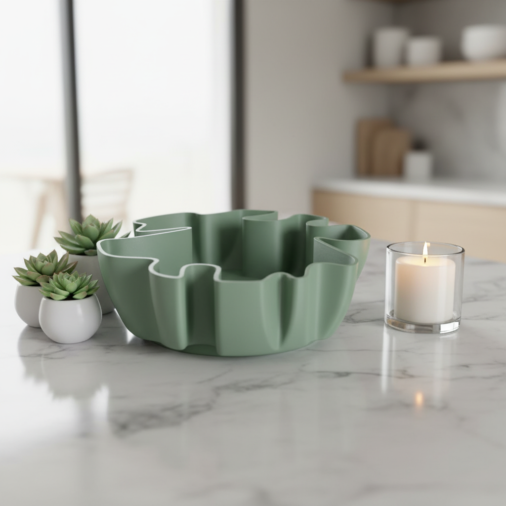 Sage green Organic Flow Catchall Bowl with succulents on a marble kitchen counter