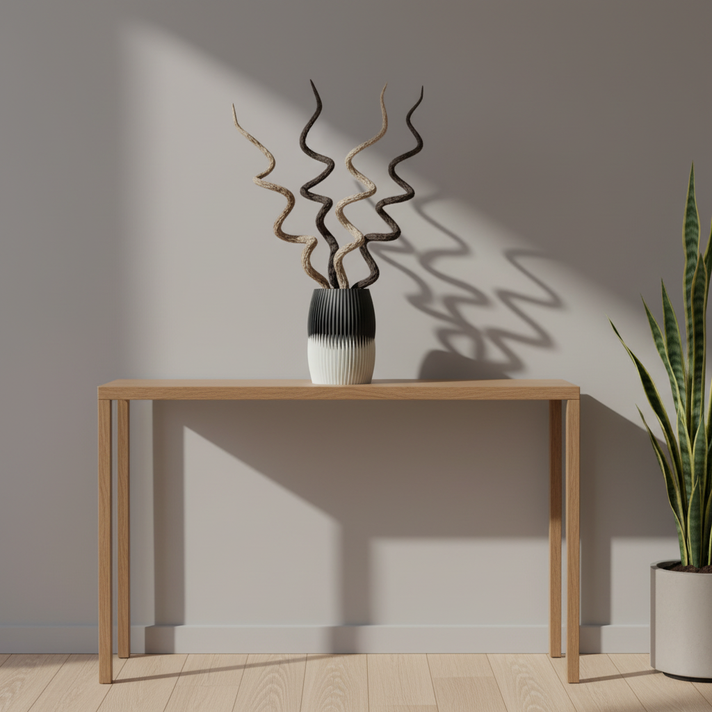Black-top interlocking fluted vase with a white bottom on an oak hallway table