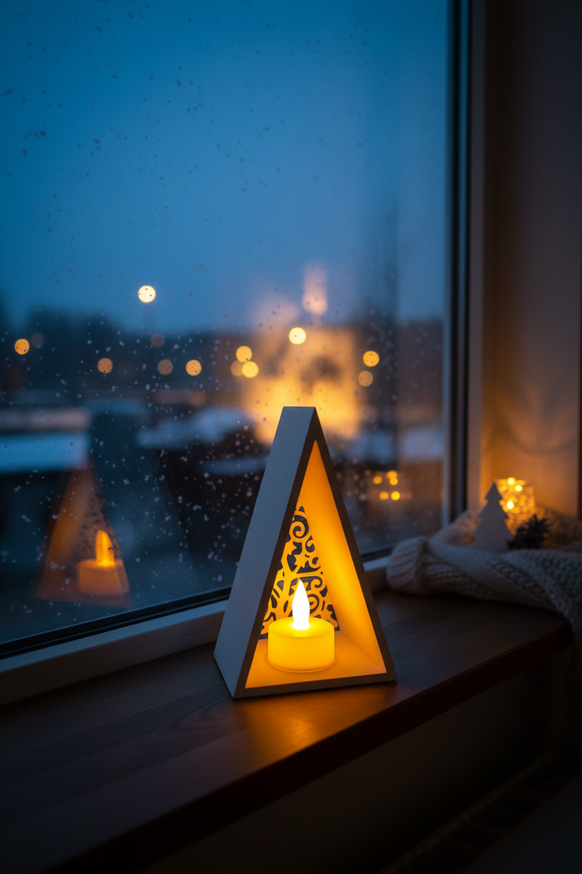 Pyramid lantern glowing on windowsill at dusk with snowfall outside lifestyle