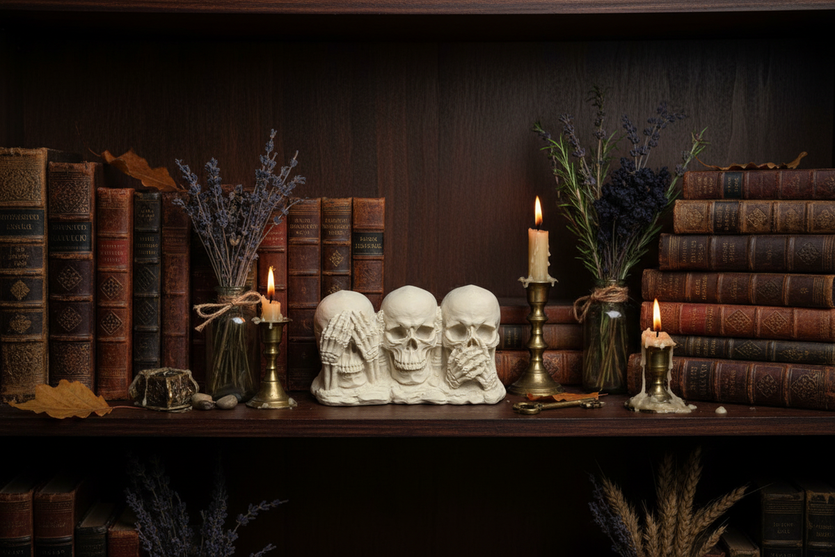 See No Evil Hear No Evil Speak No Evil Skull sculpture on a gothic bookshelf