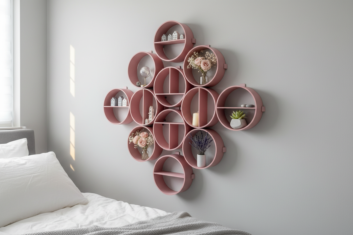 Dusty pink modular round shelf system in cross pattern on grey bedroom wall with ornaments and dried flowers