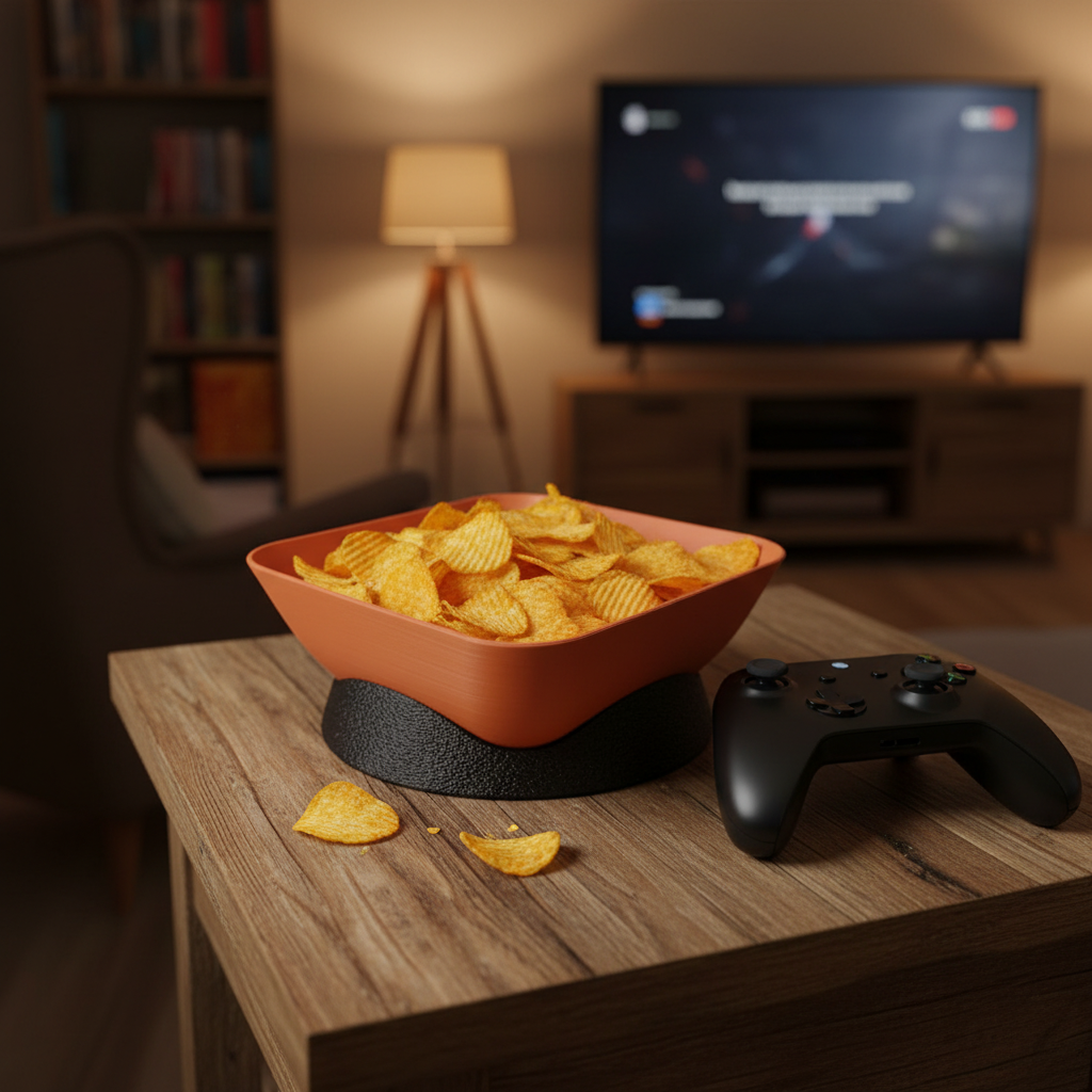 Terracotta orange Modern Two-Piece Snack Bowl with crisps on a rustic side table with gaming controller