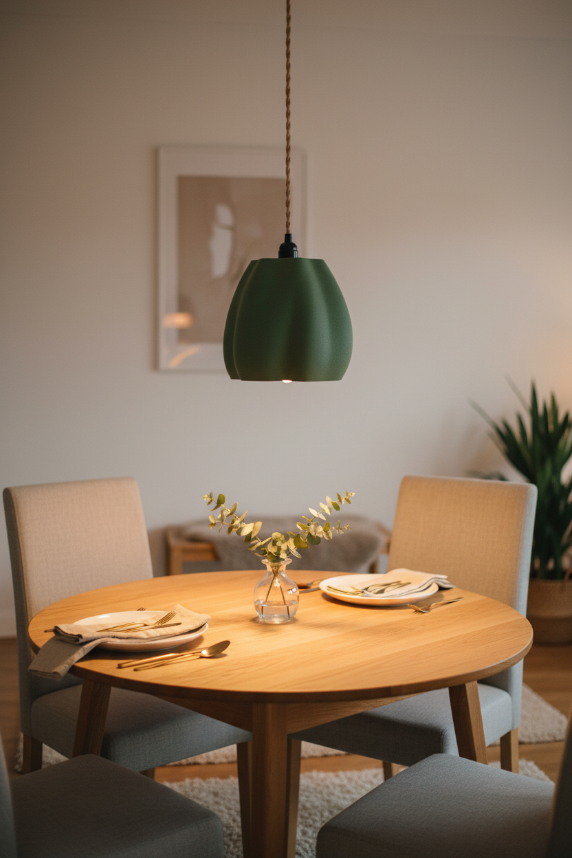 Sage green organic pendant lamp shade glowing over oak dining table with linen and eucalyptus Scandinavian lifestyle