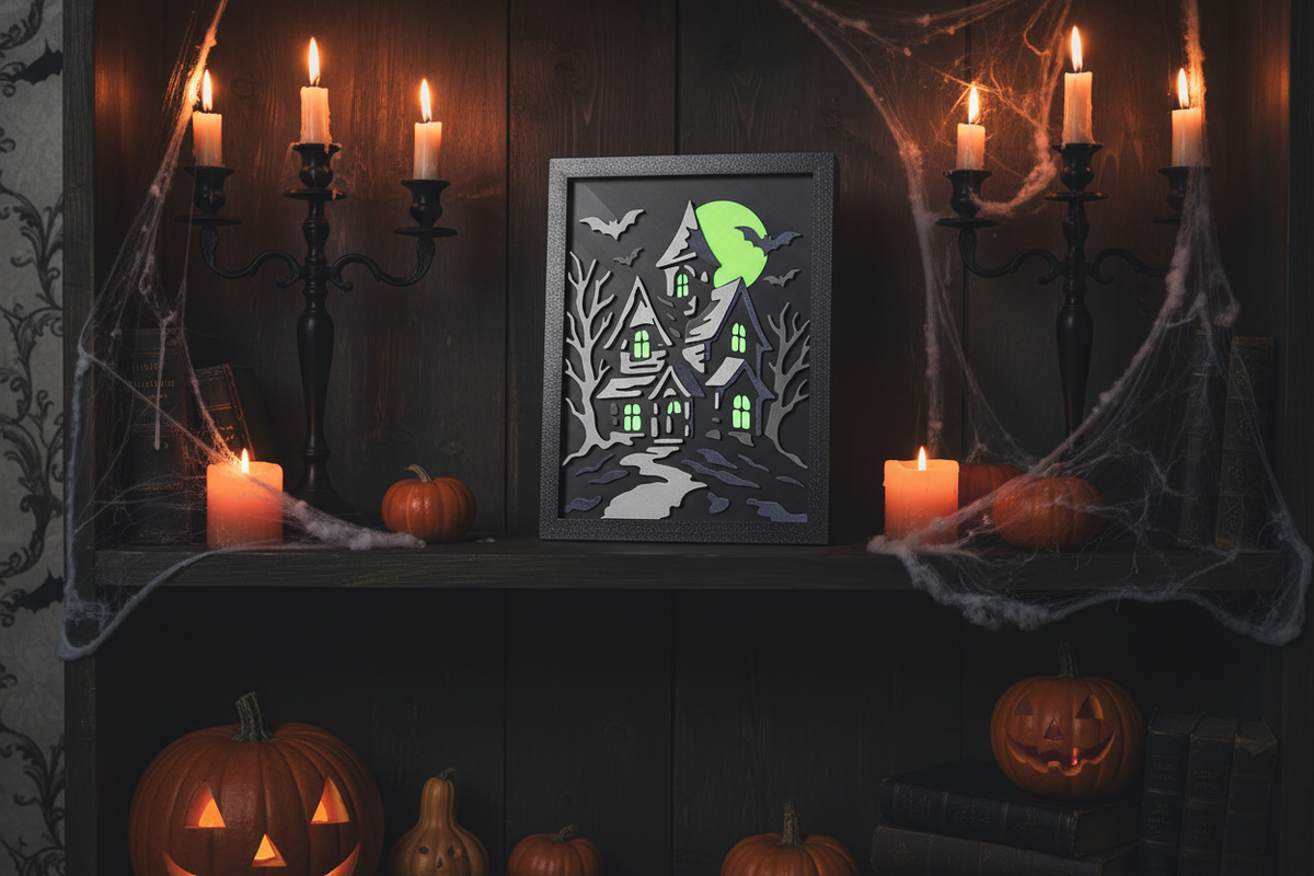 Halloween in Layers: The Haunted Manor shadow box on a gothic Halloween shelf with pumpkins, candles and cobwebs, windows glowing green