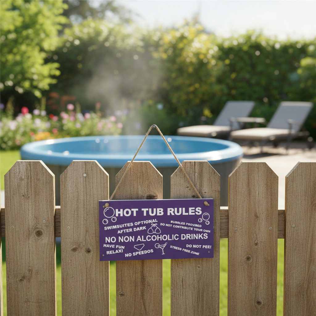 Purple Hot Tub Rules Sign hung at realistic scale on wooden garden fence with hot tub in background