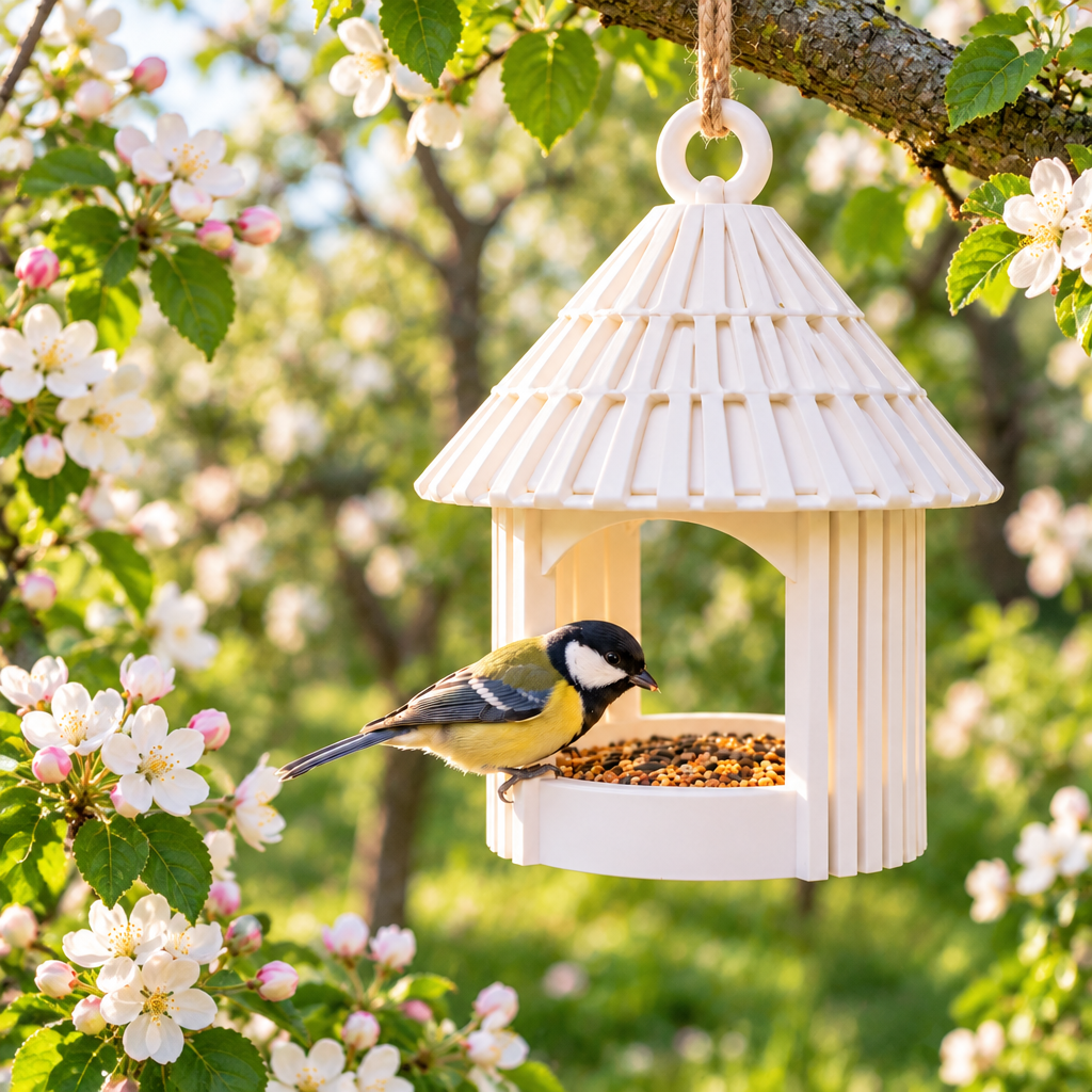 Garden Hut feeder hanging among apple blossoms