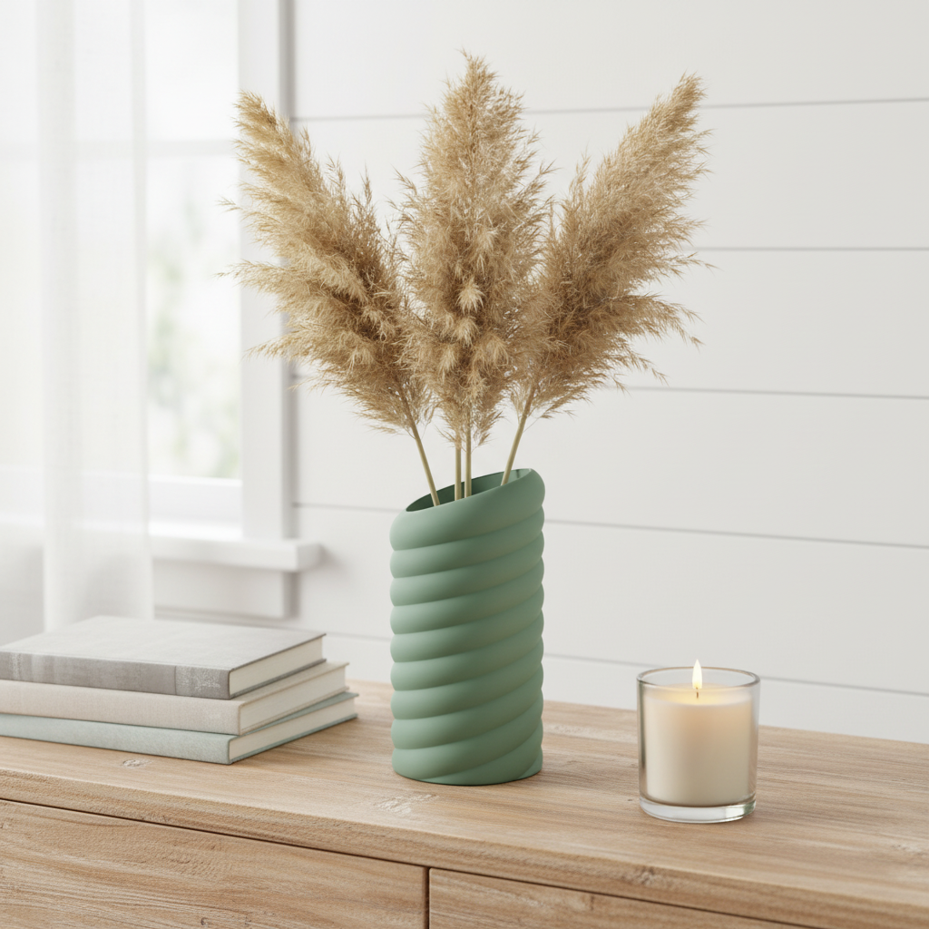 Sage green swirly vase with dried pampas grass on a wooden sideboard in a Scandinavian interior