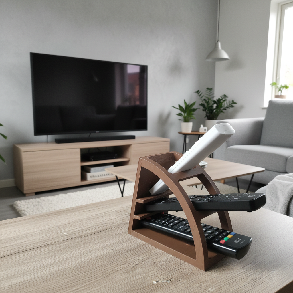 Remote Control Organiser on a wooden TV unit beneath a wall-mounted television in a Scandinavian living room