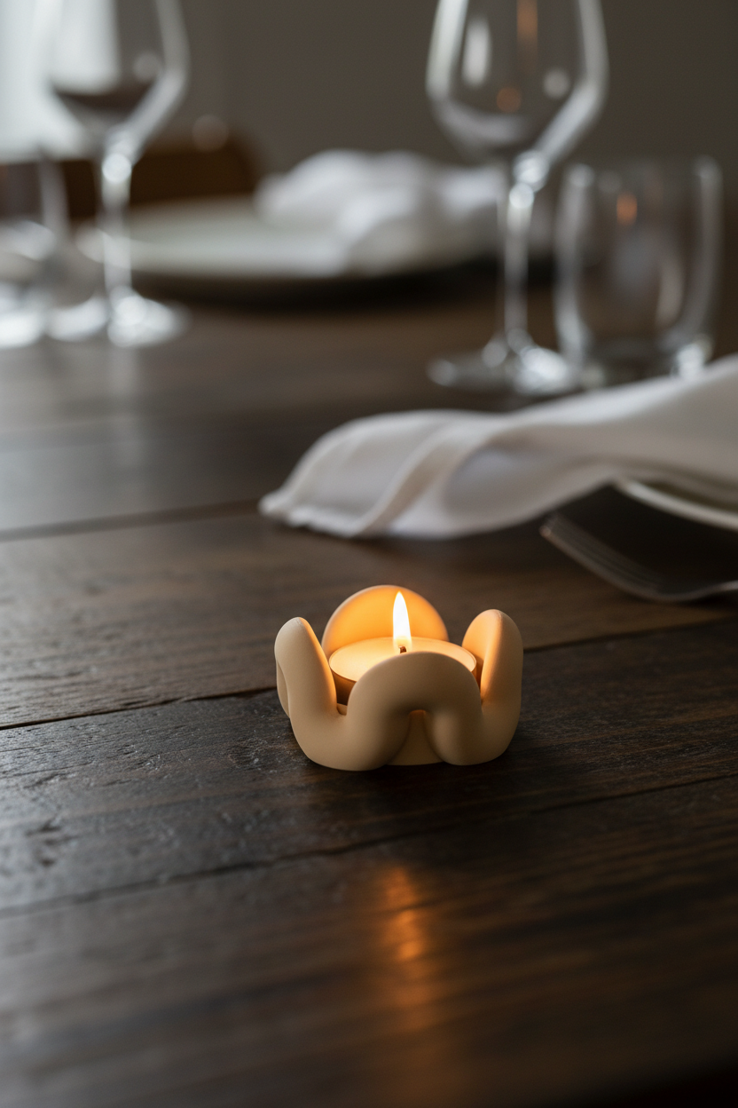 Wibble tealight holder glowing on dark dining table with wine glasses