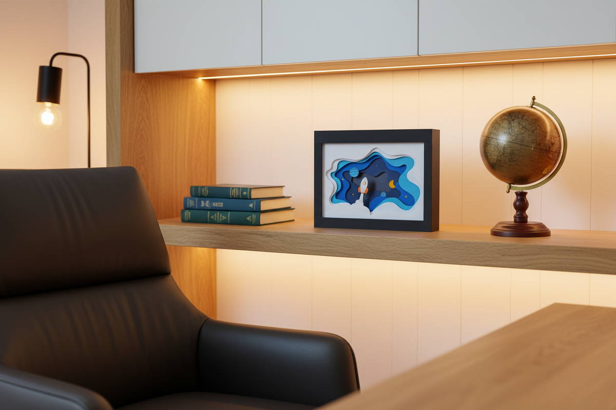 Space shadow box on a wooden shelf in a modern home study with books and a globe