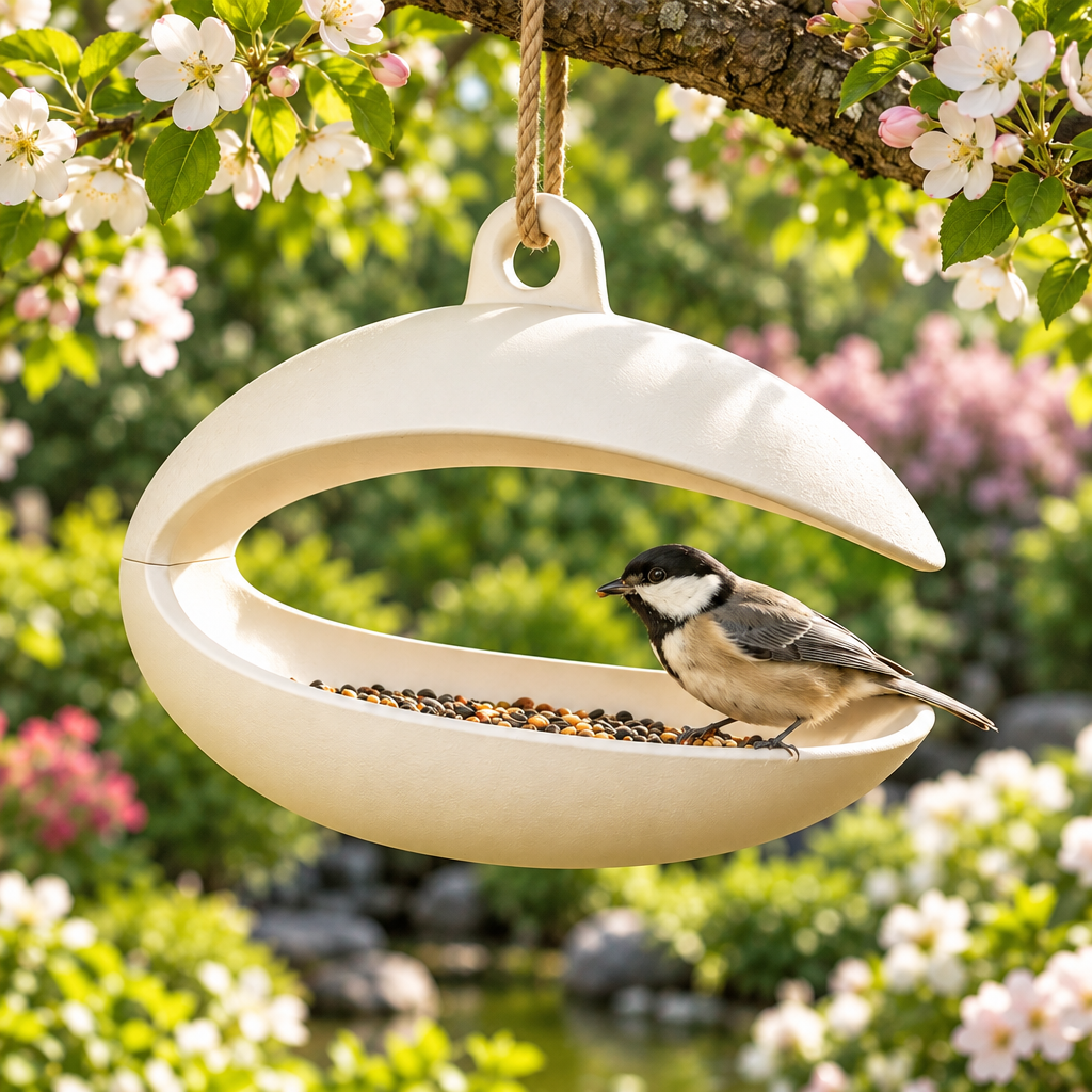 Ellipse bird feeder beneath flowering apple tree