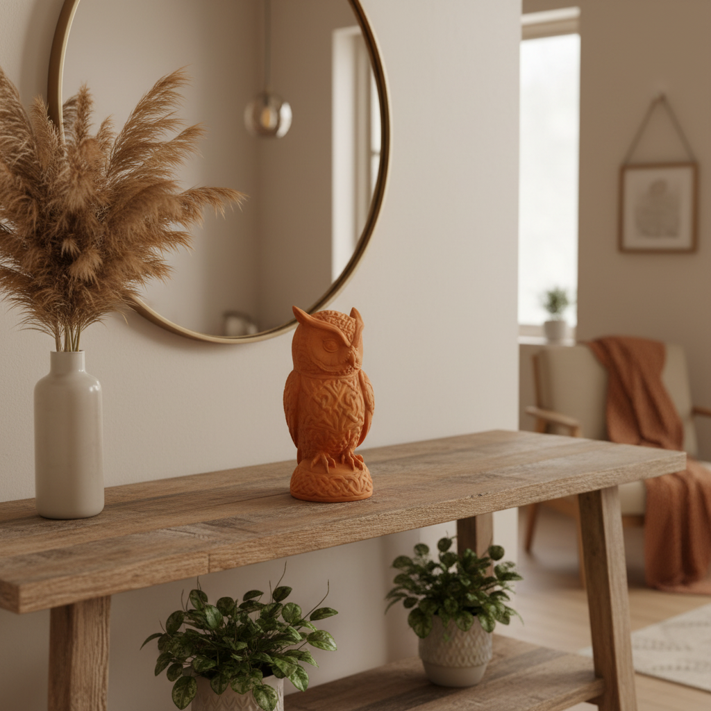 Terracotta orange Celtic Owl Sculpture on a rustic boho entryway console with pampas grass