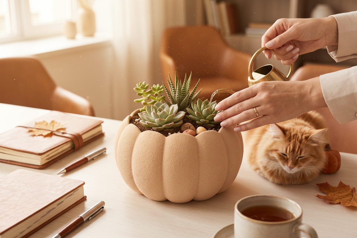 Pumpkin Planter — hands tending succulents lifestyle scene