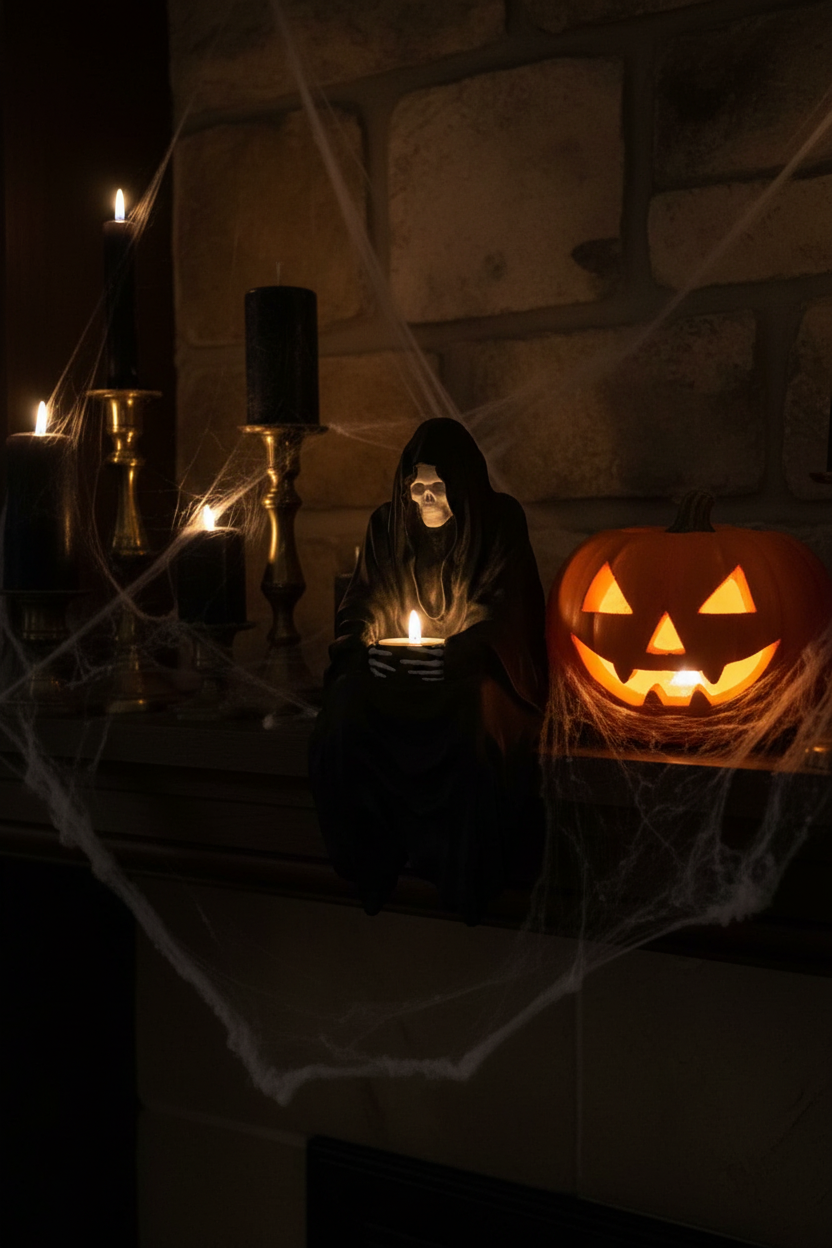 Grim Reaper shelf sitter figurine black matte hooded skull face flowing dark robes skeletal hands holding glowing candle dark oak mantelpiece black pillar candles cobwebs carved glowing pumpkin Halloween candlelight interior portrait