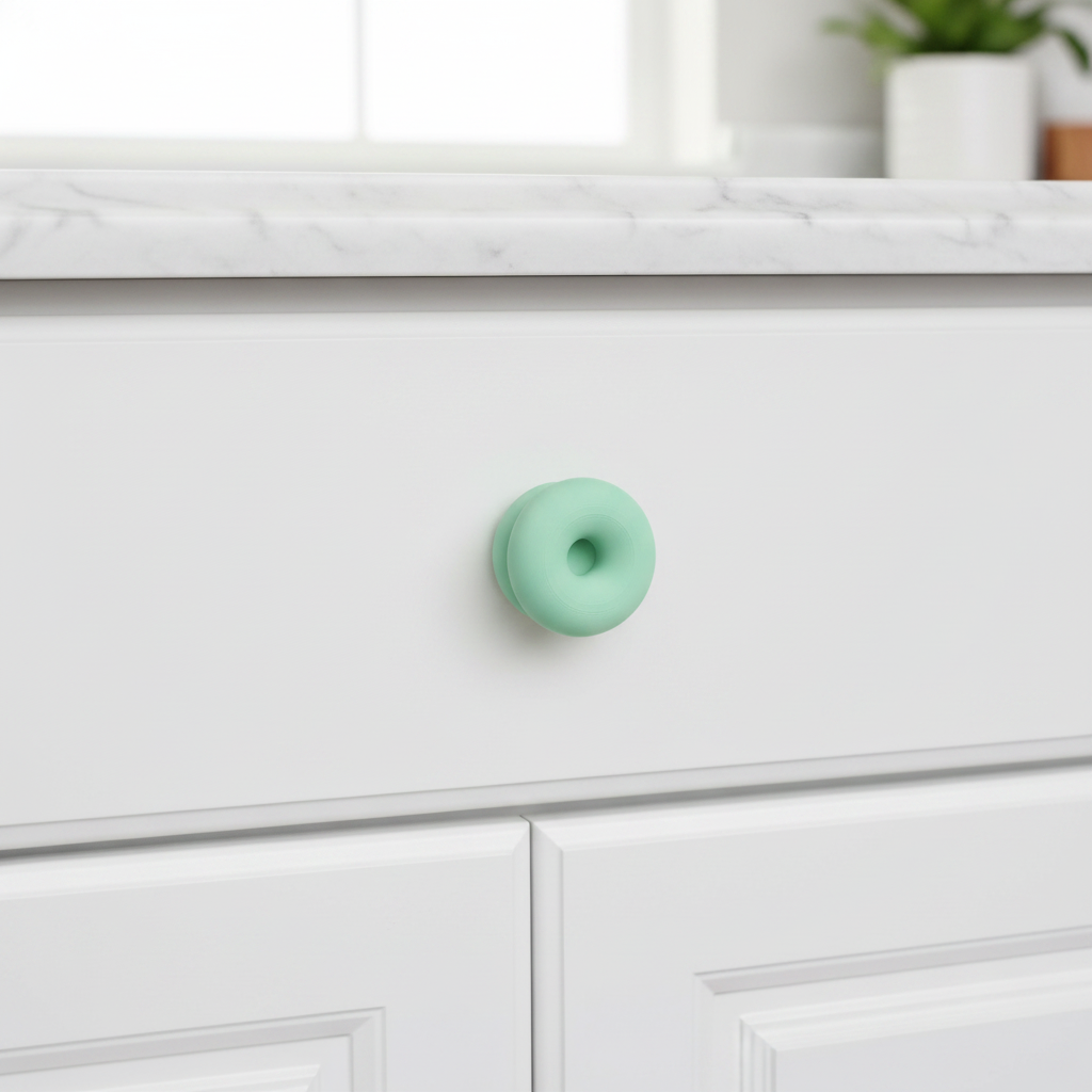 Double Donut knob mint green on white shaker kitchen cabinet