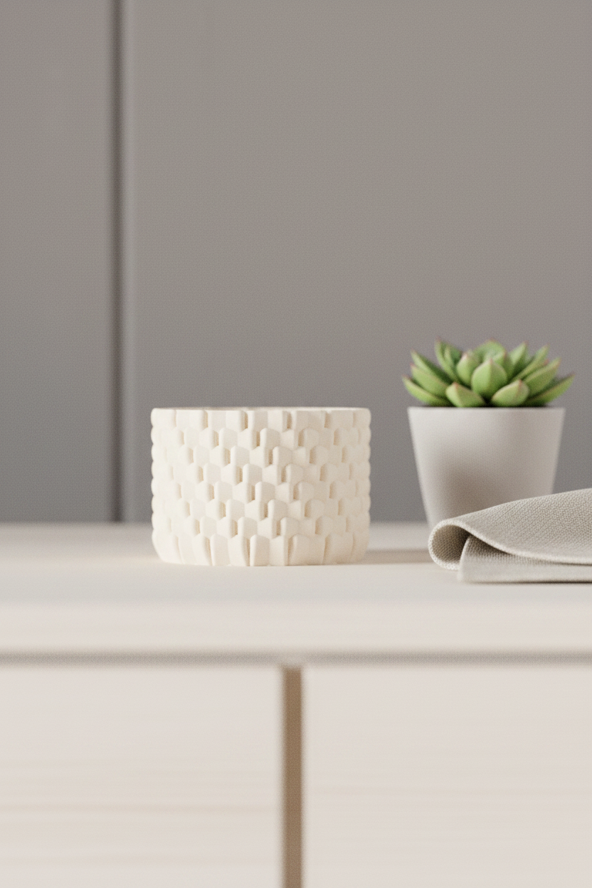 Woven Texture Tealight Holder warm white woven basket-weave surface pale oak sideboard succulent linen cloth soft Japandi interior natural light