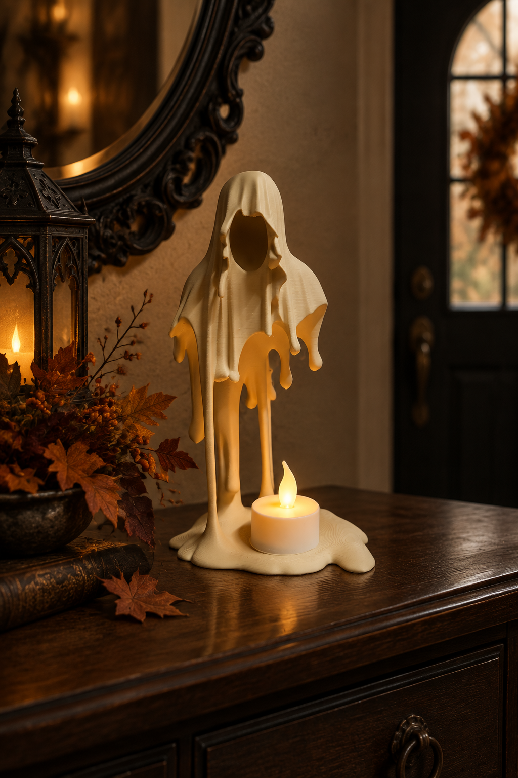 Cream Grim Reaper tealight holder on a gothic entryway console with autumn foliage