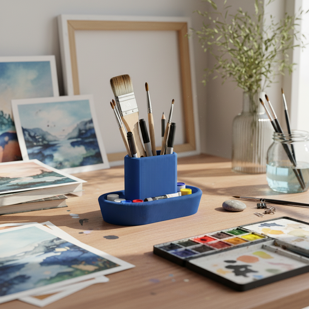 Cobalt blue ribbed organiser on artist worktable - lifestyle